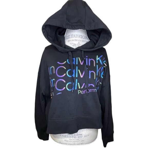 NWT Calvin Klein Performance Womens Cropped Hoodie With Iridescent Logo Black XL - Picture 1 of 11